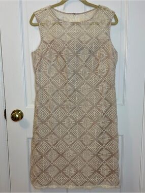 Adrianna Papell Cream Knee Length Dress with Sheer Geometric Overlay, Size 10